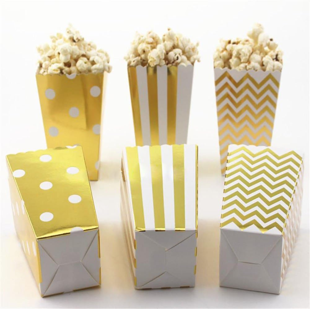 gold and white popcorn boxes